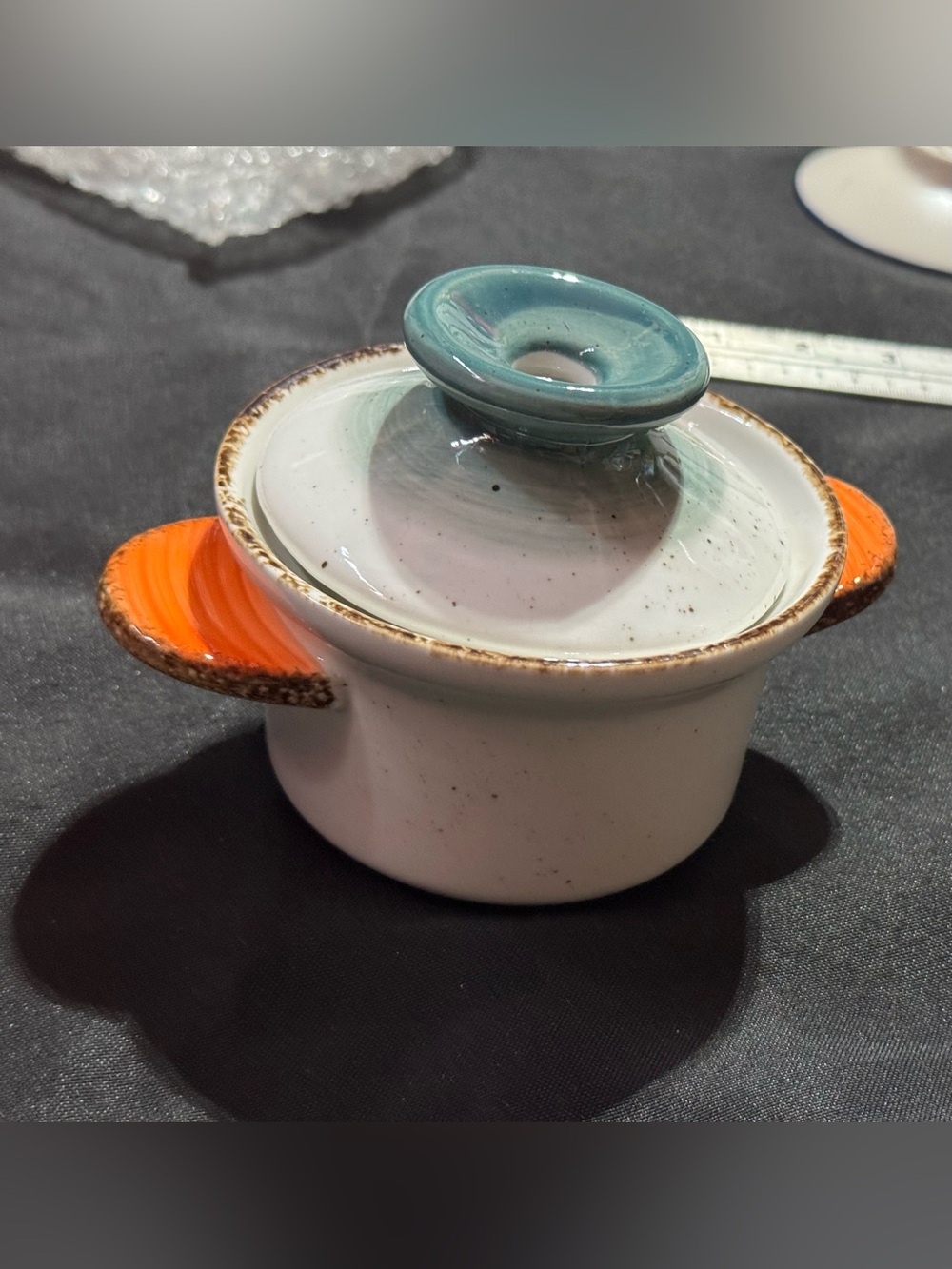 NATURAL LIFE Speckled Cream Mini Casserole with Teal Lid and Orange Handles